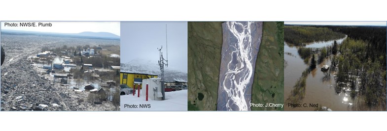 AK in 2013; typical meteorological tower; airborne breakup imagery mosaic on Yukon River near Circle in 2015; Flooding in Allakaket