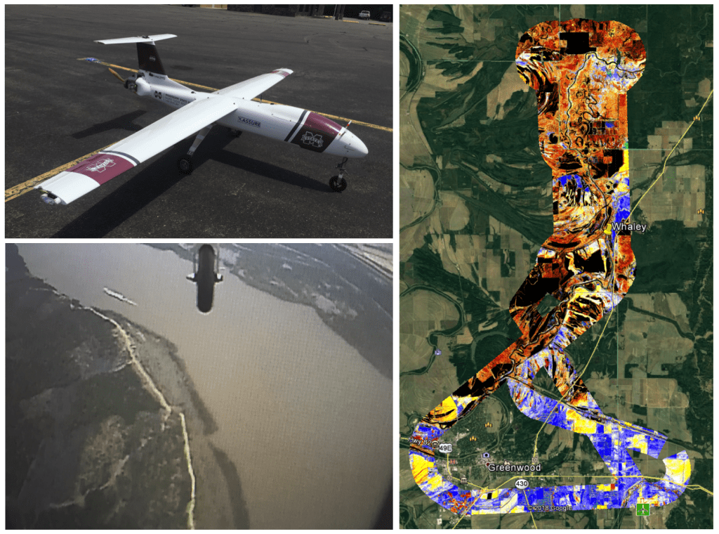 owned and operated by Mississippi State University’s (MSU) Raspet Flight Research Laboratory (top-left); a screen capture of the platform’s real-time streaming video during the latest operation over the Mississippi River near Greenville