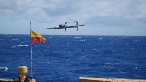 Photo of the HQ-20 hybrid quadrotor vertical take-off and landing (VTOL) capable UAS deployment from the NOAA Ship Oscar Elton Sette.